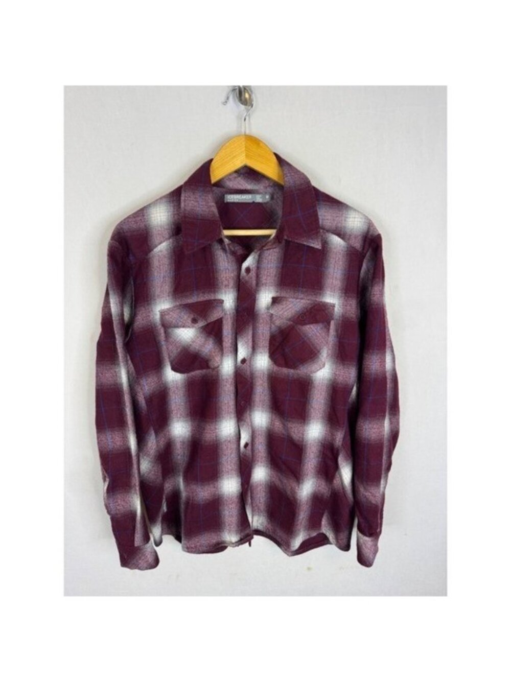 Icebreaker Merino Mens Plaid Flannel Button Down Shirt Burgundy Size M